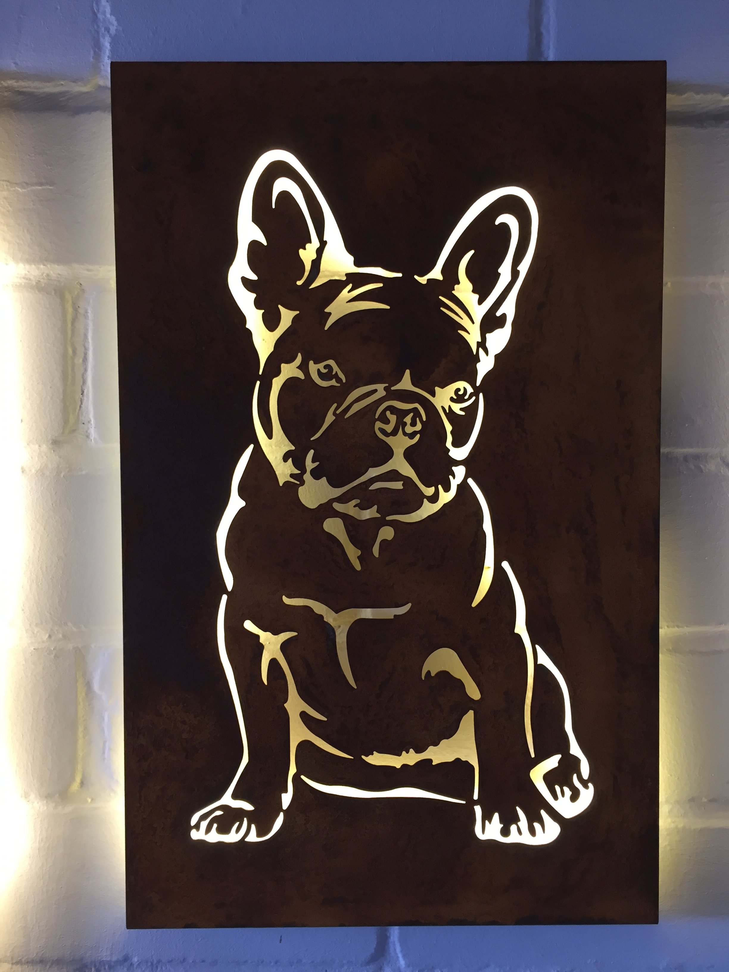 Rost- oder Edelstahl Wandbild (Lampe)  französische Bulldogge (ohne Beleuchtung) Wandbild 600x1000 mm Edelstahl (rostet nicht)