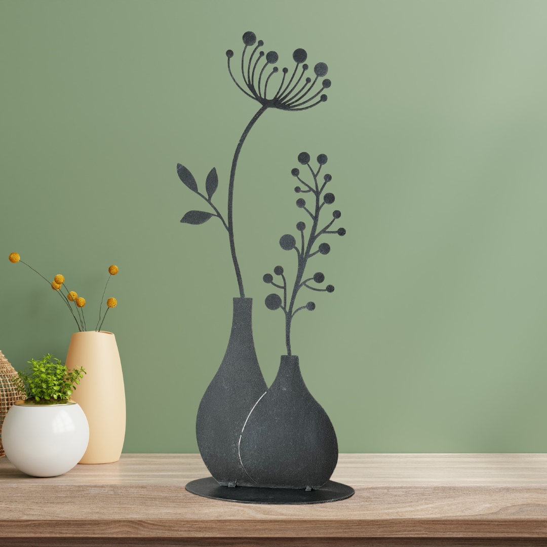 Zwei Blumen in Vase grau mit Bodenplatte Gartenstecker XXL Höhe ca. 50cm