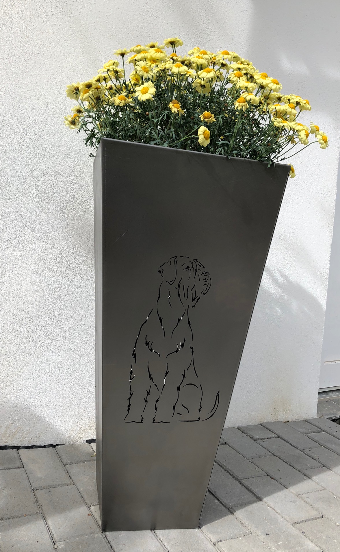 Blumenkübel Motiv Riesenschnauzer sitzend Roststahl Höhe 75 cm