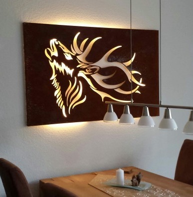Rost- oder Edelstahl Wandbild (Lampe) Motiv Hirsch röhrend (ohne Beleuchtung) Wandbild 1000x600 mm Edelstahl (rostet nicht)