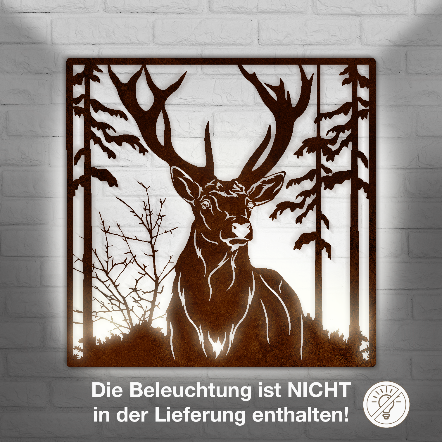 Wandbild- (Lampe) 740x740mm Motiv Hirsch im Wald mit Rahmen Rostoptik