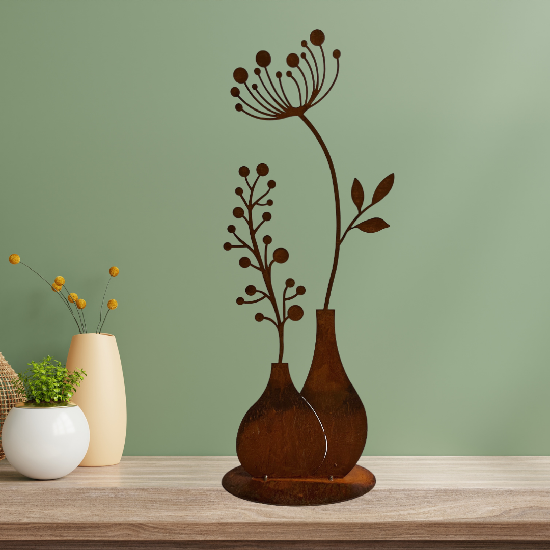 Rost zwei Blumen in Vase mit Bodenplatte Gartenstecker XXL Höhe ca. 50cm