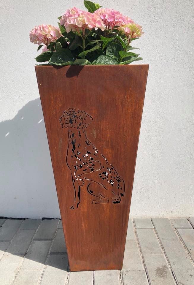 Blumenkübel Motiv Dalmatiner Roststahl Höhe 75 cm