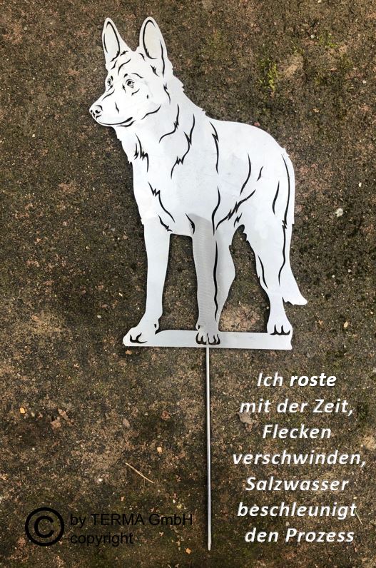 Deutscher Schäferhund 2 (stehend) Rostfigur 30 cm (mit Spieß 50 cm) Gartenstecker