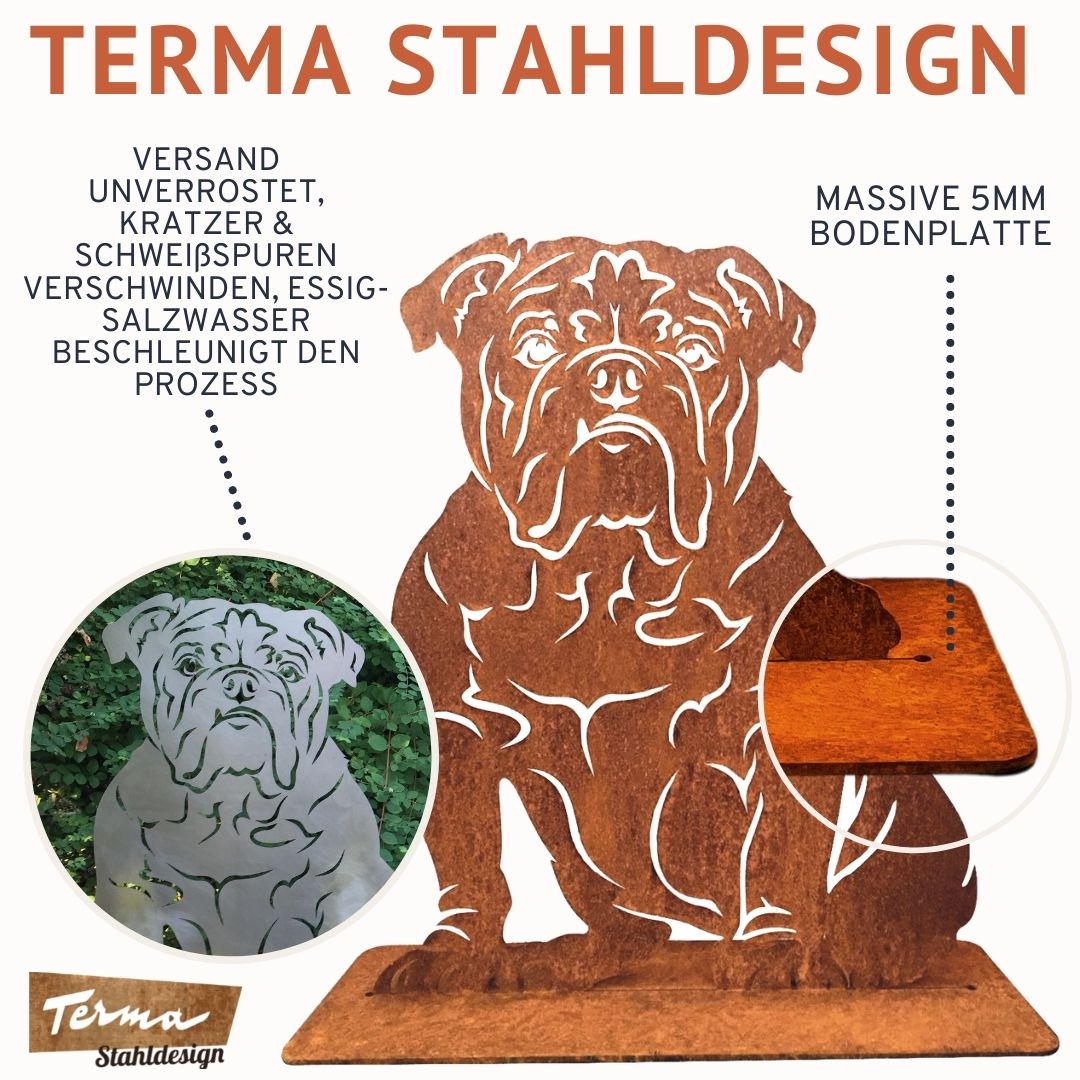 Edelrost Gartenfigur 60cm mit massvier Bodenplatte Rasse  Englisch Bulldogge
