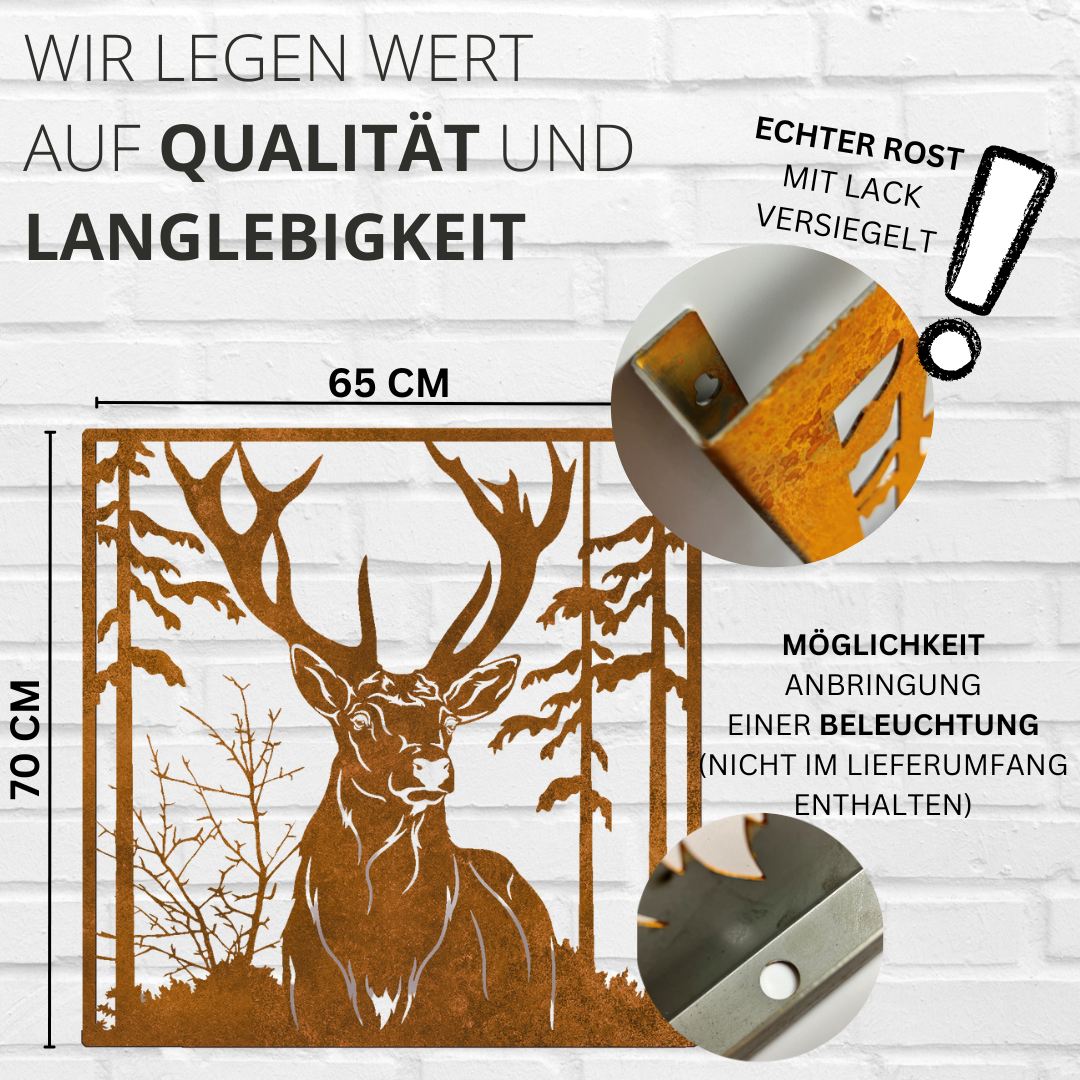 Wandbild- (Lampe) 740x740mm Motiv Hirsch im Wald mit Rahmen Rostoptik