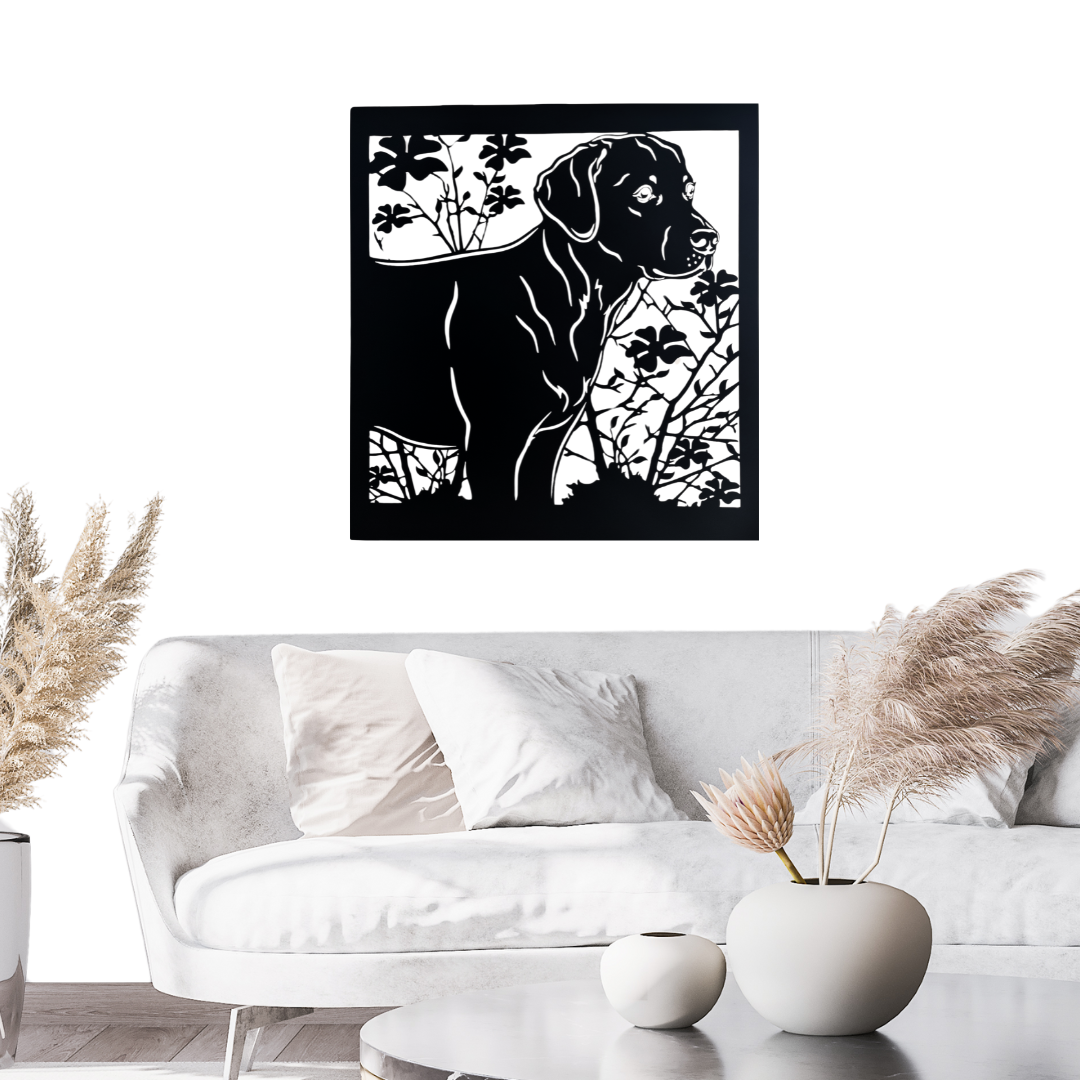 Wandbild- (Lampe) 740x740mm Motiv Hund Labrador mit Blumen Rostoptik 