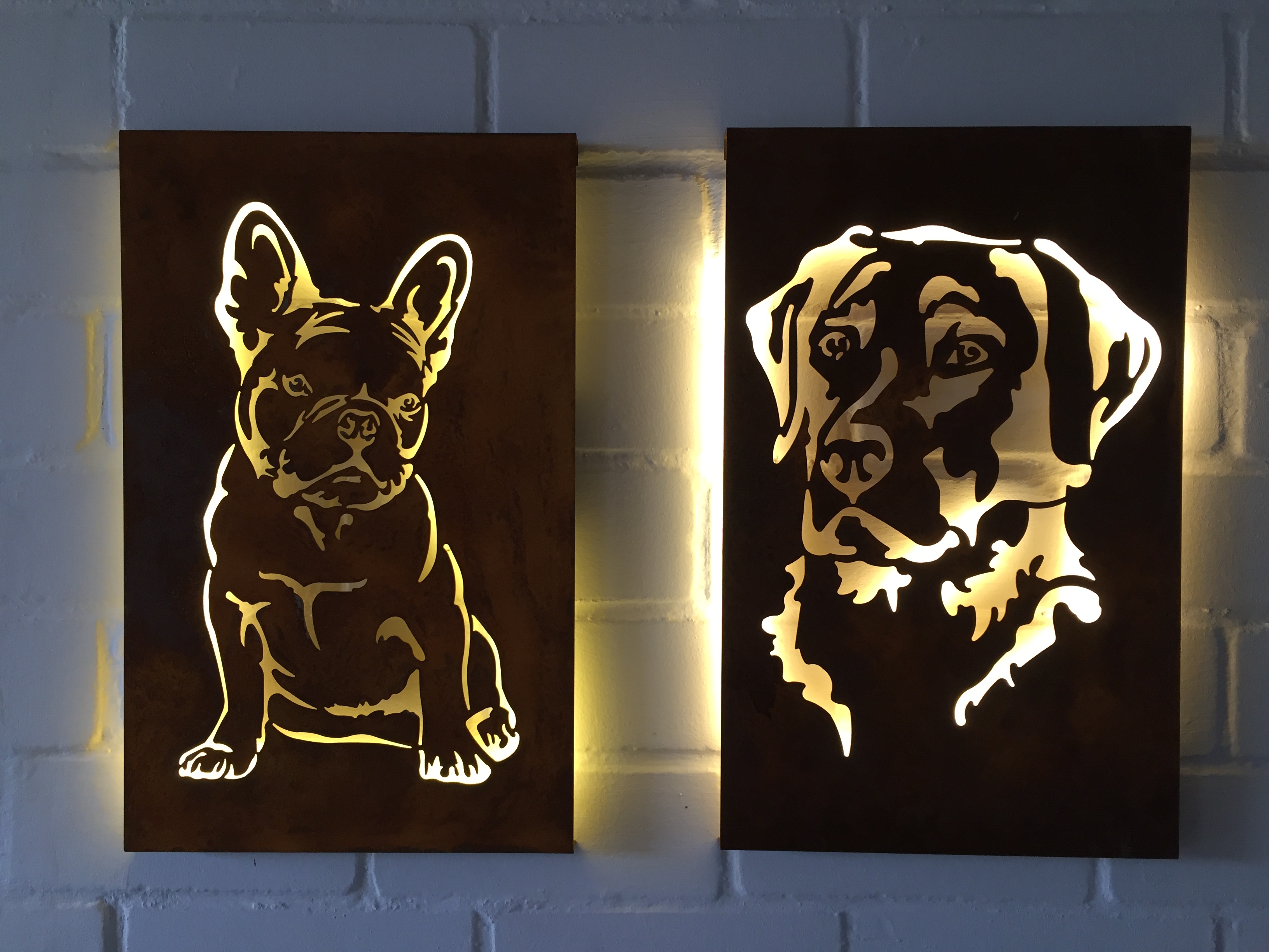 Rost- oder Edelstahl Wandbild (Lampe)  französische Bulldogge (ohne Beleuchtung) Wandbild 600x1000 mm Edelstahl (rostet nicht)