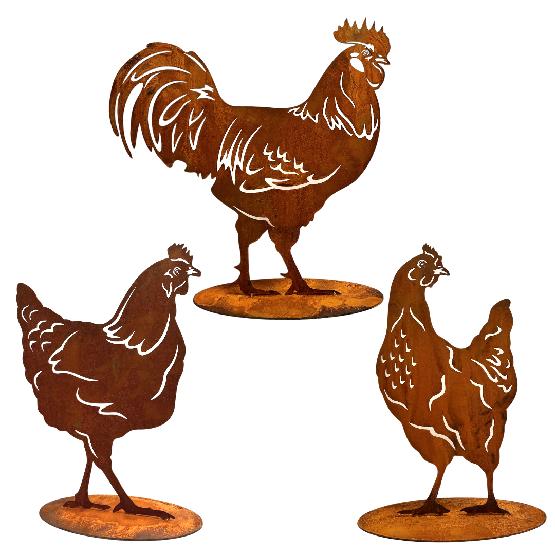 Rostfigur Hühner Höhe 40 cm 1 x Gockel, 2x Henne, Edelrost Hühner