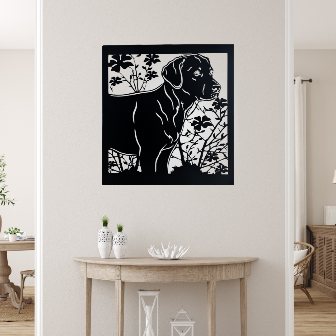 Wandbild- (Lampe) 740x740mm Motiv Hund Labrador mit Blumen Rostoptik 