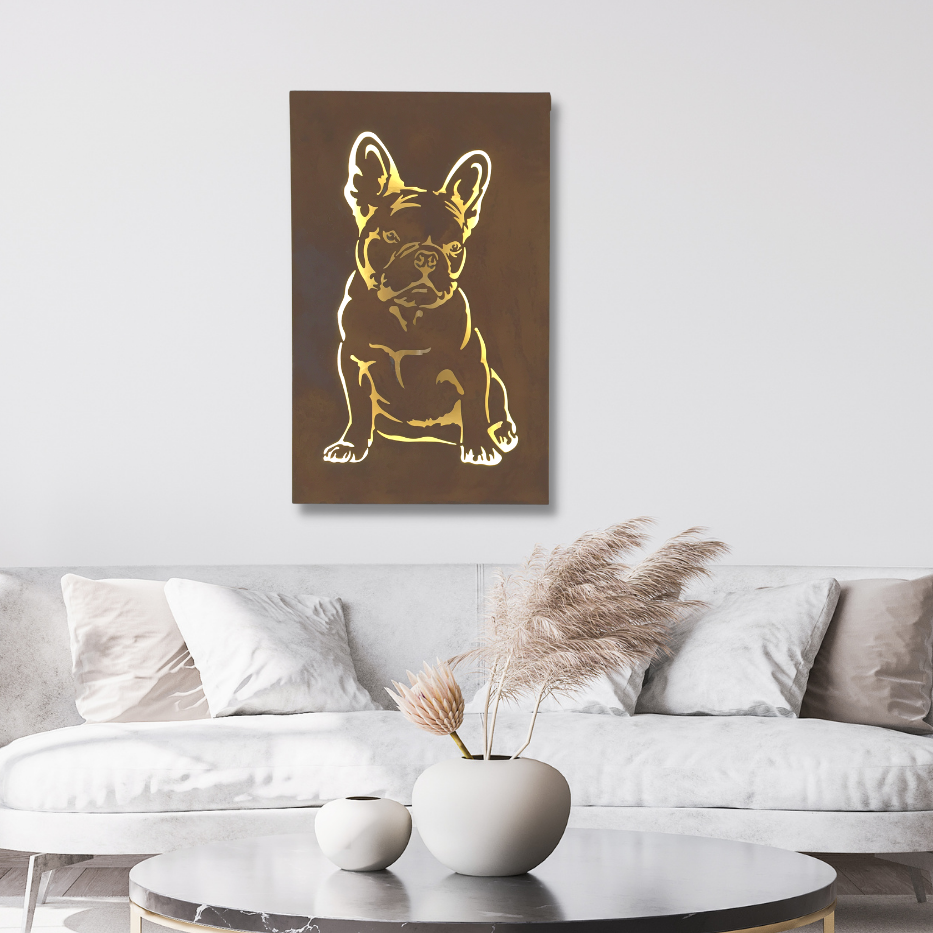 Rost- oder Edelstahl Wandbild (Lampe)  französische Bulldogge (ohne Beleuchtung) Wandbild 450x800 mm Edelstahl (rostet nicht)