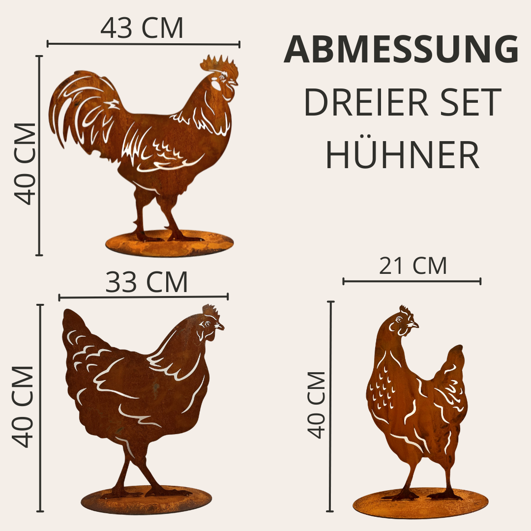 Rostfigur Hühner Höhe 40 cm 1 x Gockel, 2x Henne, Edelrost Hühner