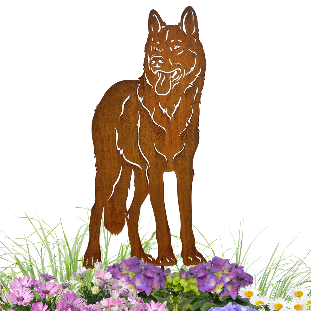 Rostfigur Hund Wolfshund Höhe 30 cm mit Spieß