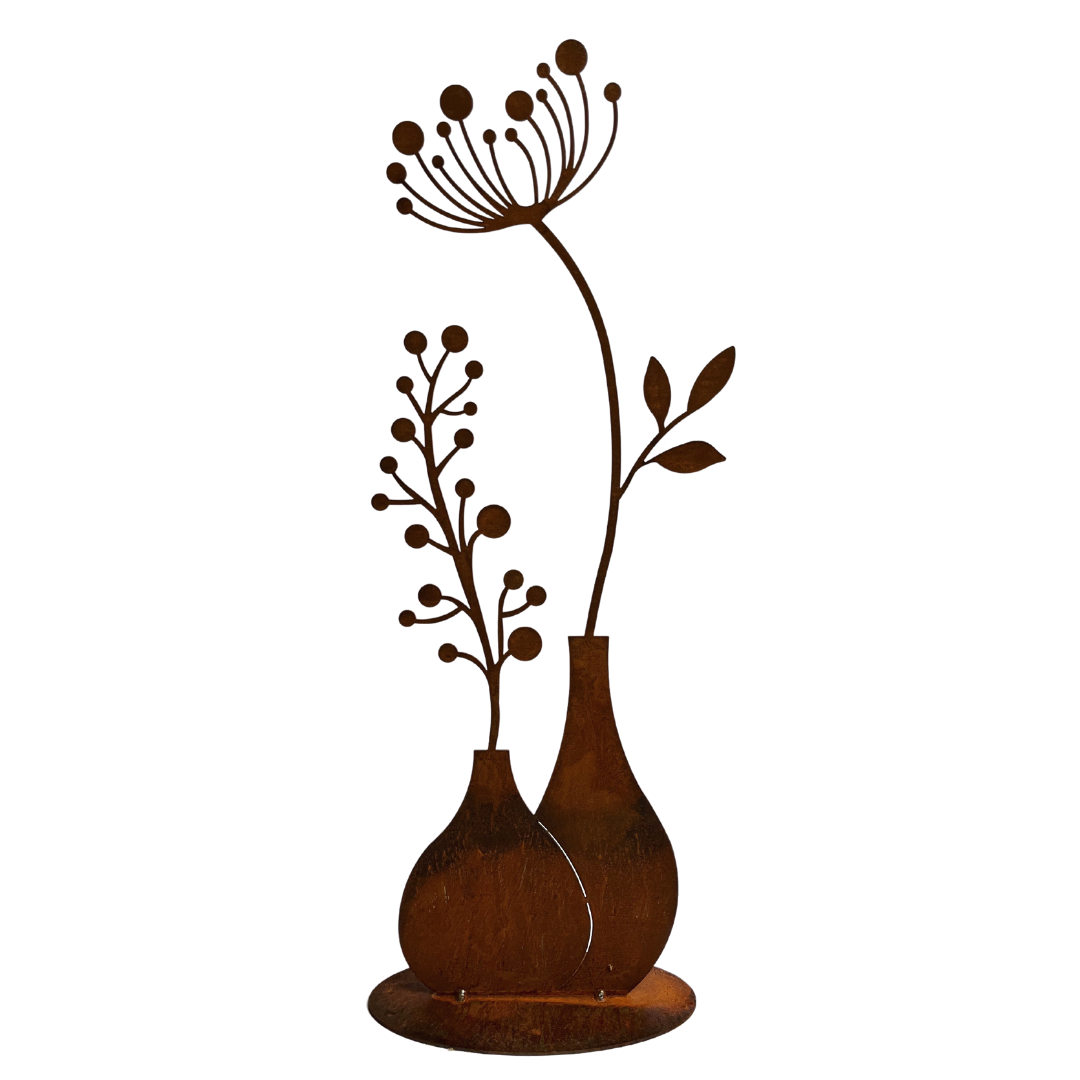 Rost zwei Blumen in Vase mit Bodenplatte Gartenstecker XXL Höhe ca. 50cm
