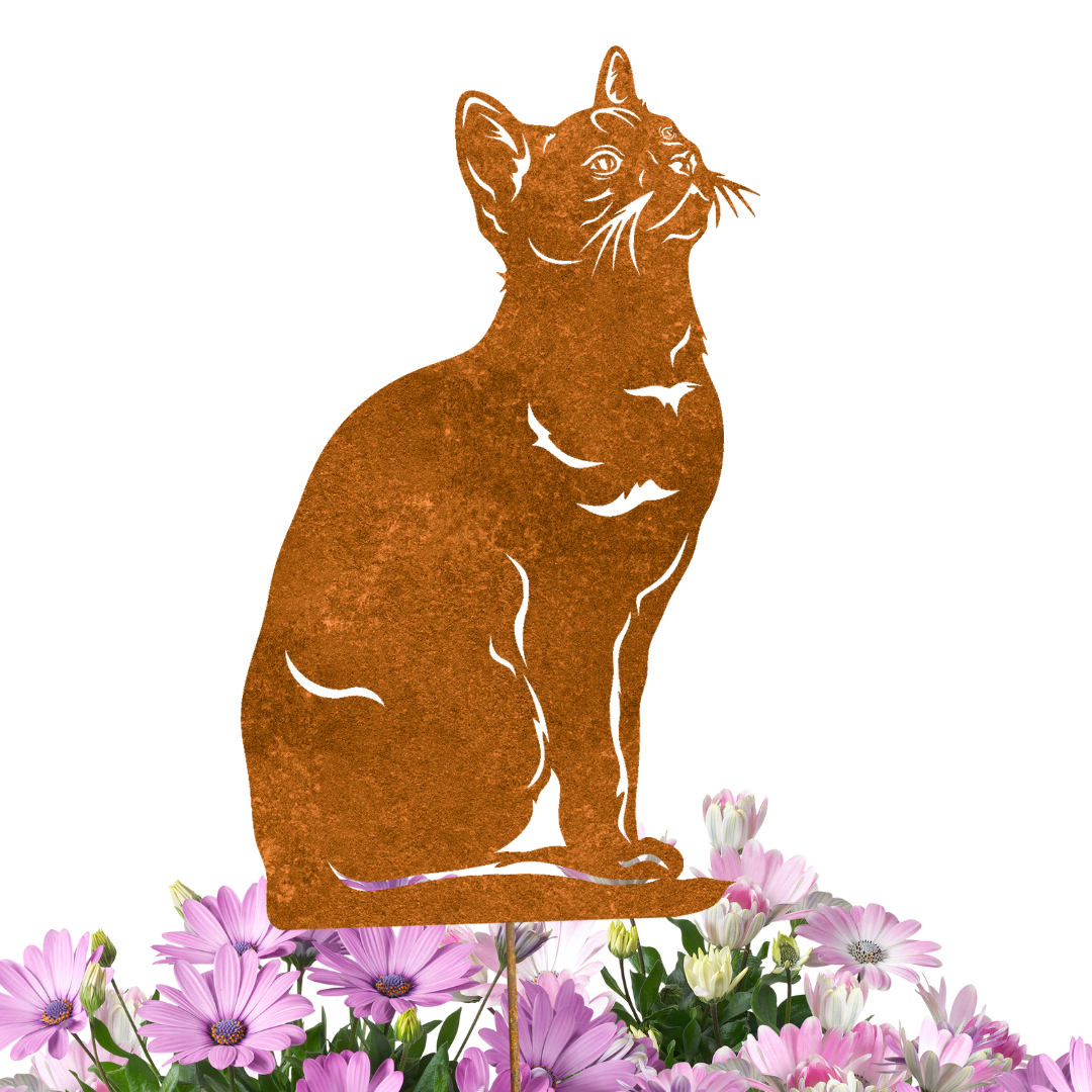 Katze Rostfigur ohne Streifen, Edelrost Katze, Höhe 30 cm (mit Spieß 50 cm), Gartenstecker