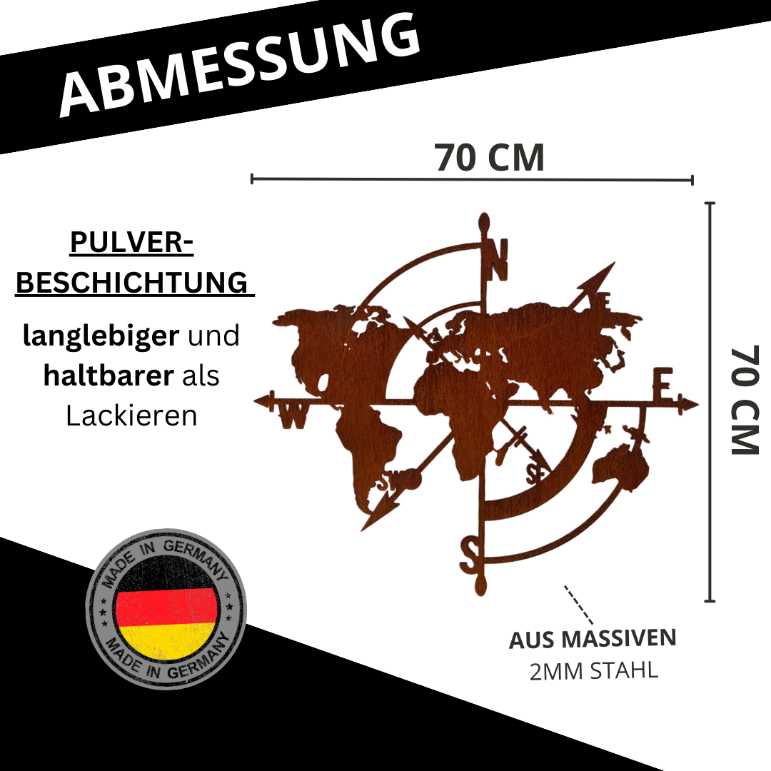 Wanddeko Kompass Weltkarte rost Maße 80cm x68cm Roststahl Metall Deko modern