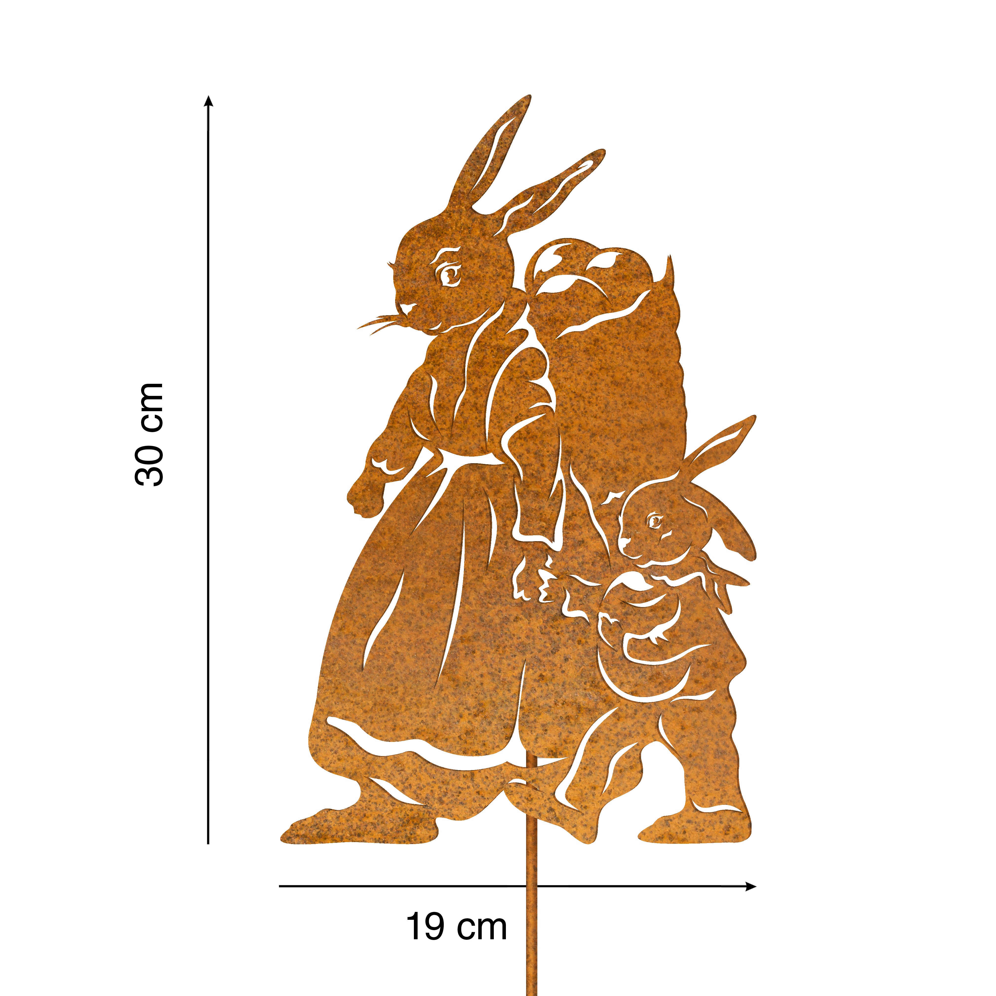 Rostfigur Osterhäsin mit Hasenkind 30 cm mit Spieß