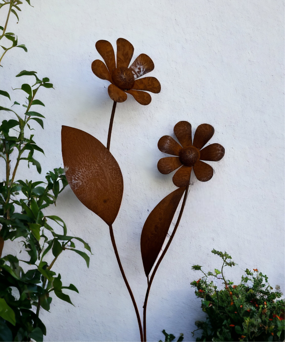 Rost Gartenstecker Blume Margerite mit zwei Blüten Höhe 120 cm