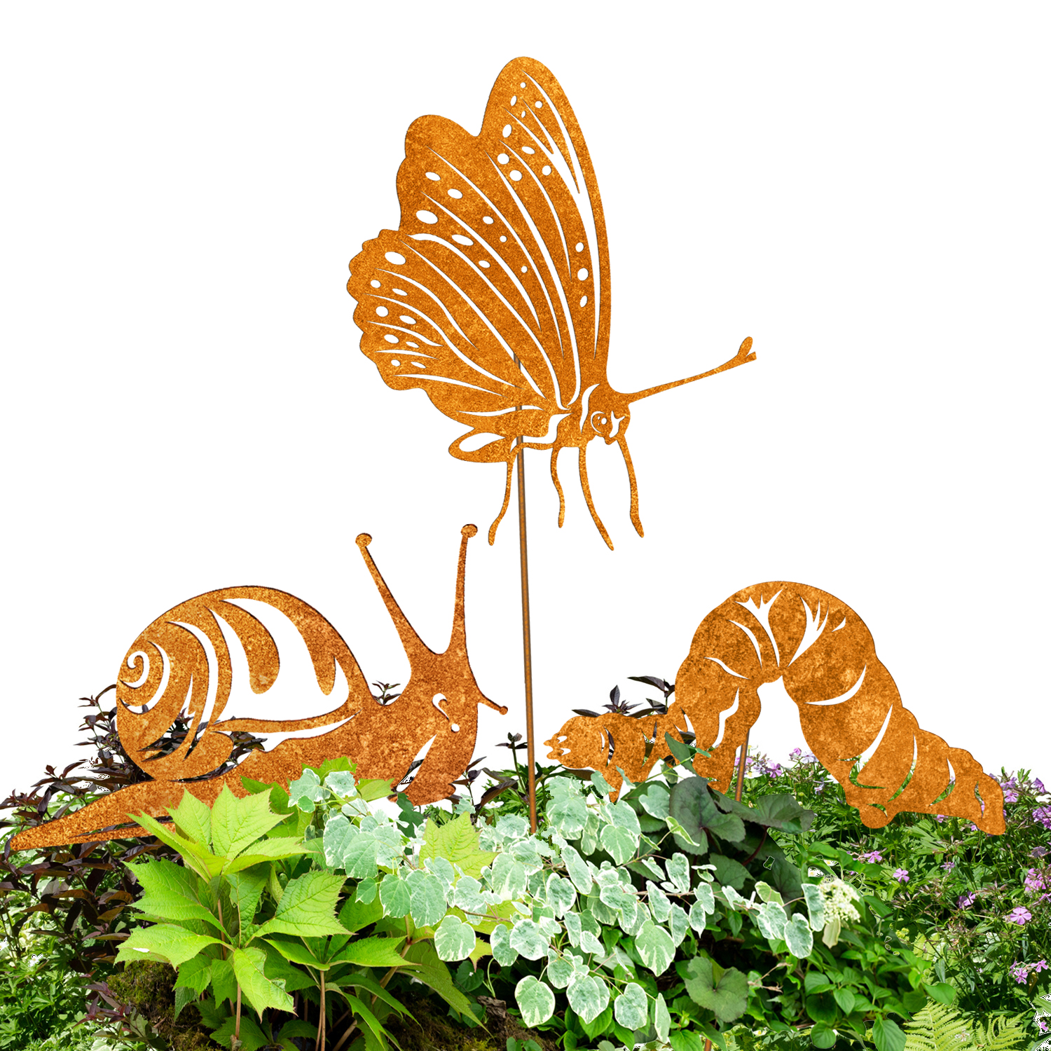 Rostfigur Gartenstecker SET Schnecke, Schmetterling, Raupe  Breite 22 cm mit Spieß 40-45cm