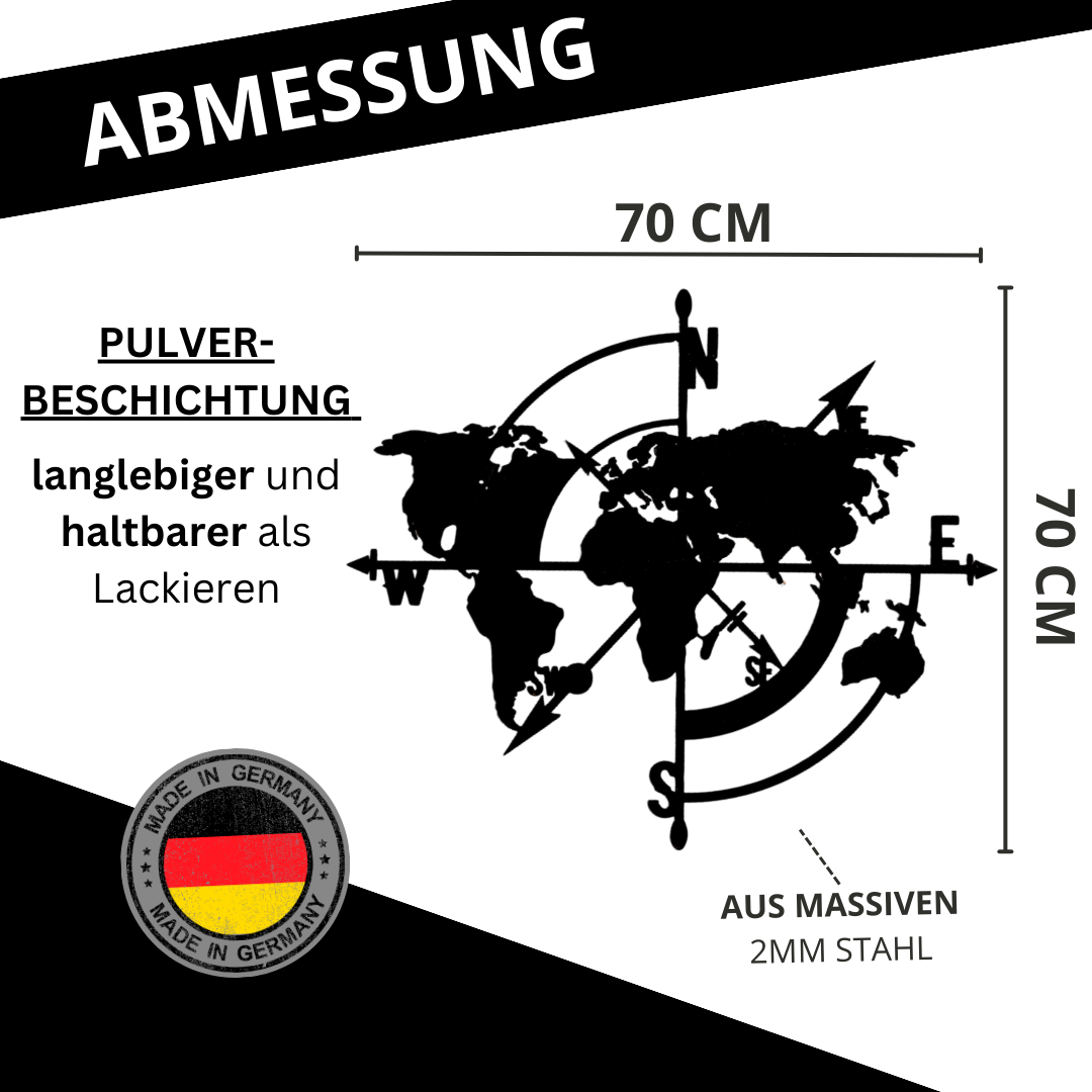 Wanddeko Kompass Weltkarte schwarz Maße. 80cm x 68cm Roststahl Metall Deko modern
