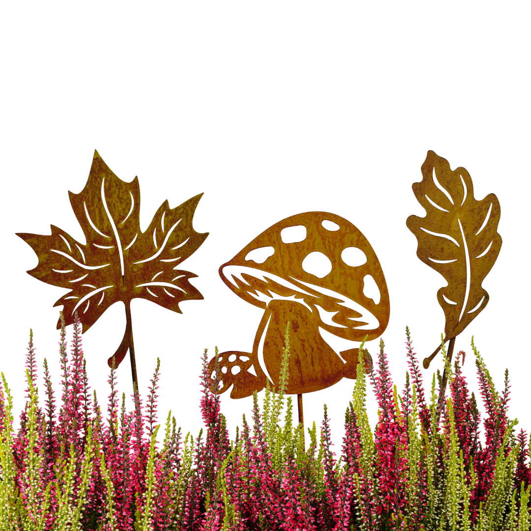 SET 2 x Blätter mit Pilz Herbstedeko Rostfigur 15 cm (mit Spieß 40-45 cm)