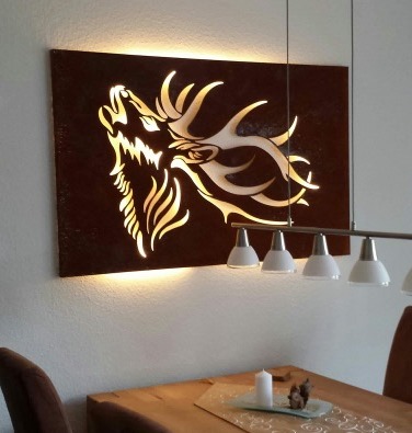 Rost- oder Edelstahl Wandbild (Lampe) Motiv Hirsch röhrend (ohne Beleuchtung) Wandbild 600x375 mm Edelstahl (rostet nicht)