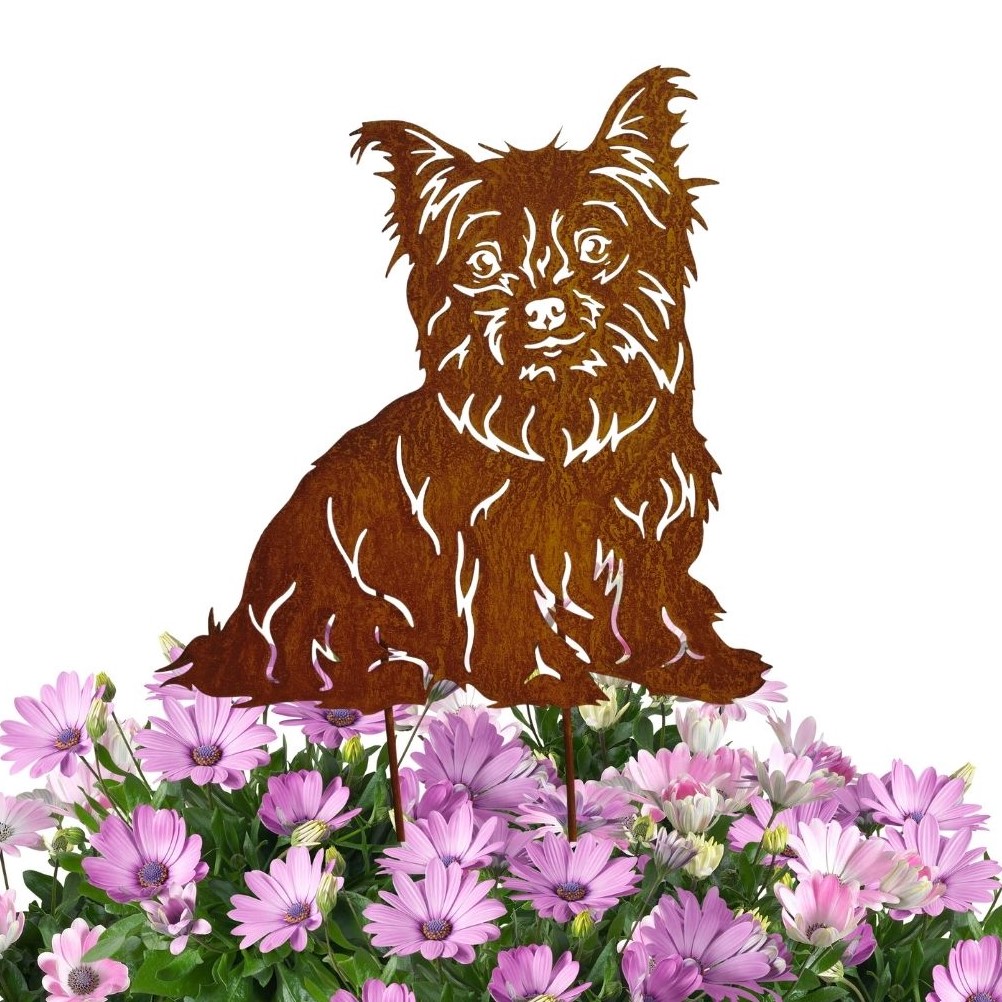 Rostfigur Yorkshire Terrier Höhe 30 cm (mit Spieß 50 cm), Gartenstecker, Edelrost